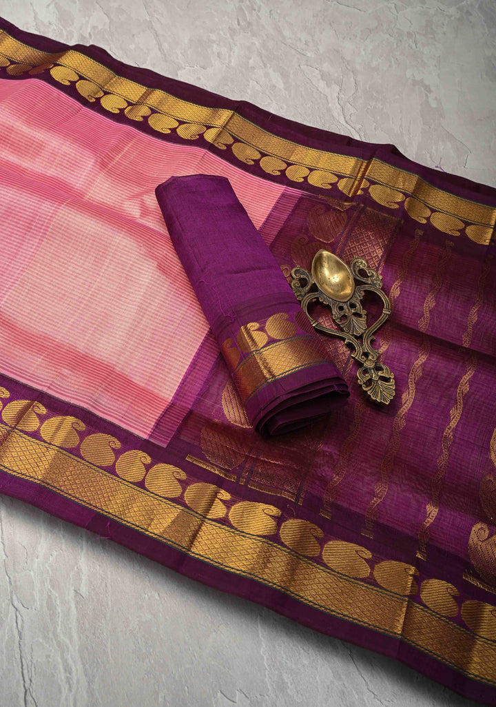 Rose Pink horizontal Stripes Kanchi Silk Cotton Saree with Korvai zari Border