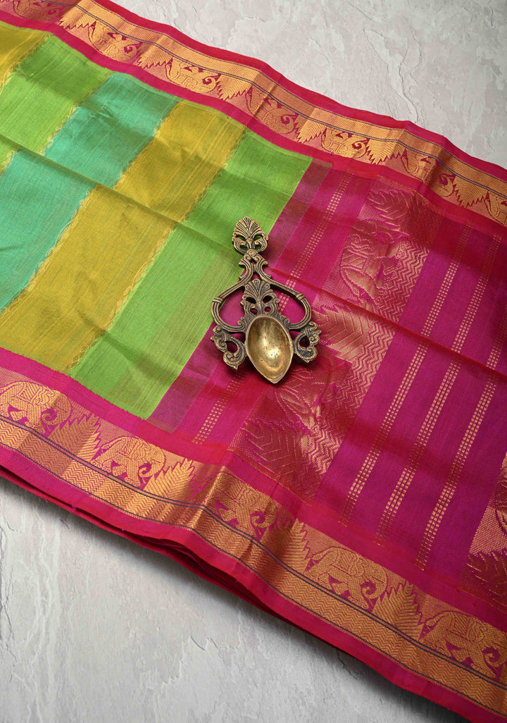 Multicolor Kanchi Silk Cotton Saree with Rangkaat Design and Contrast Zari Borders