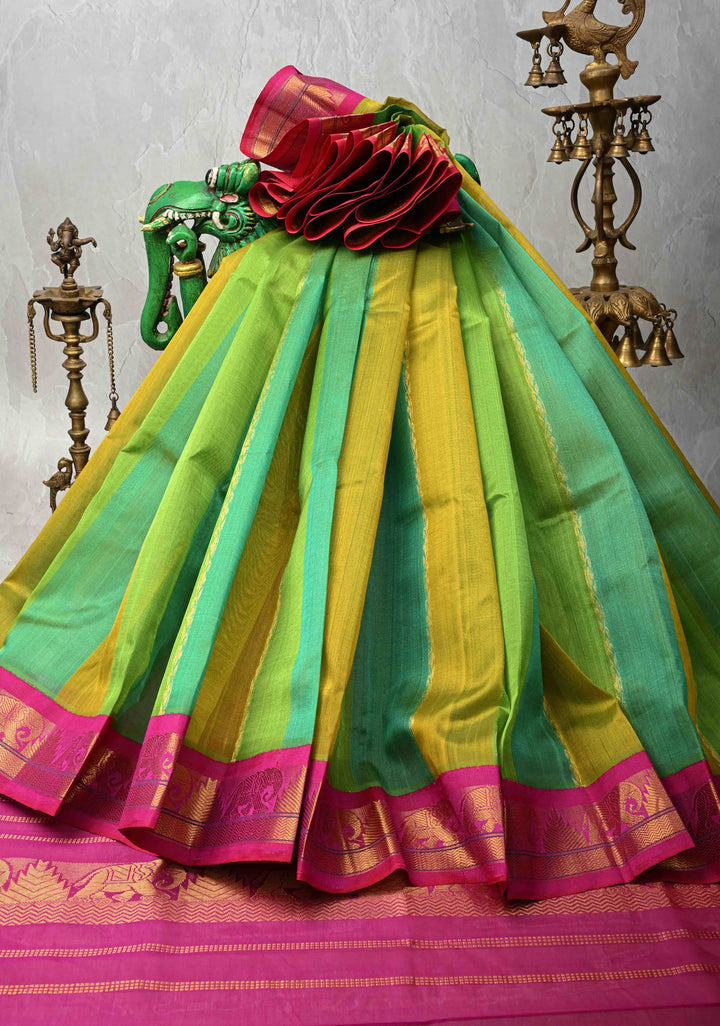 Multicolor Kanchi Silk Cotton Saree with Rangkaat Design and Contrast Zari Borders