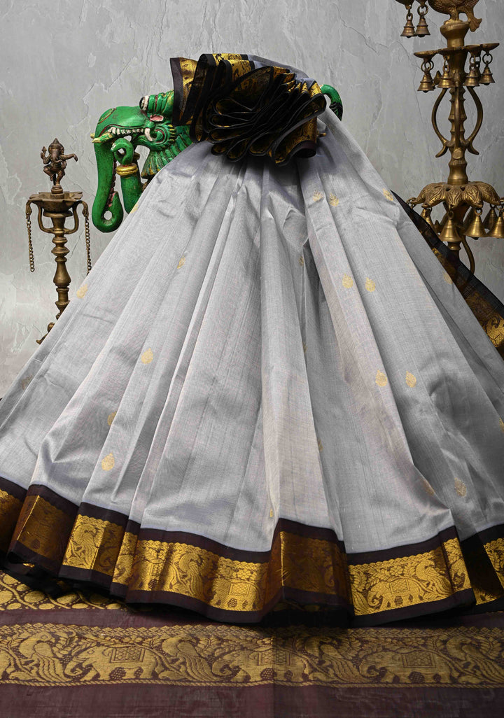 Grey Koravi Kanchi Silk Cotton 100% Handloom Saree with Zari Buttas and Contrast Zari Border