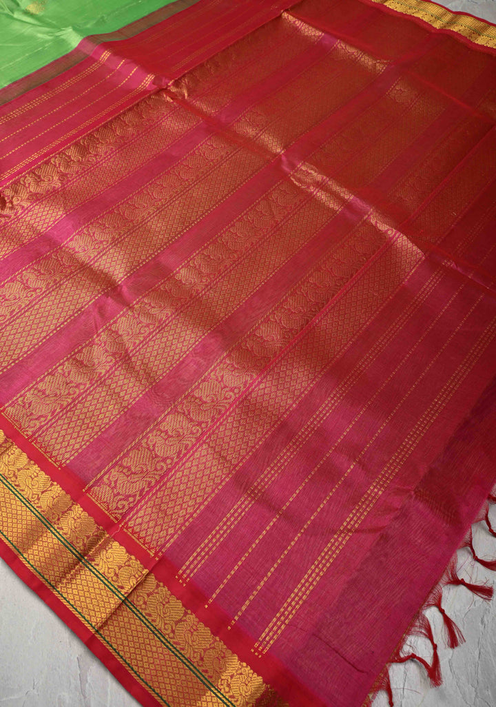 Spring Green Koravi Kanchi Silk Cotton 100% Handloom Saree with Rangoli Buttas and Contrast Zari Border