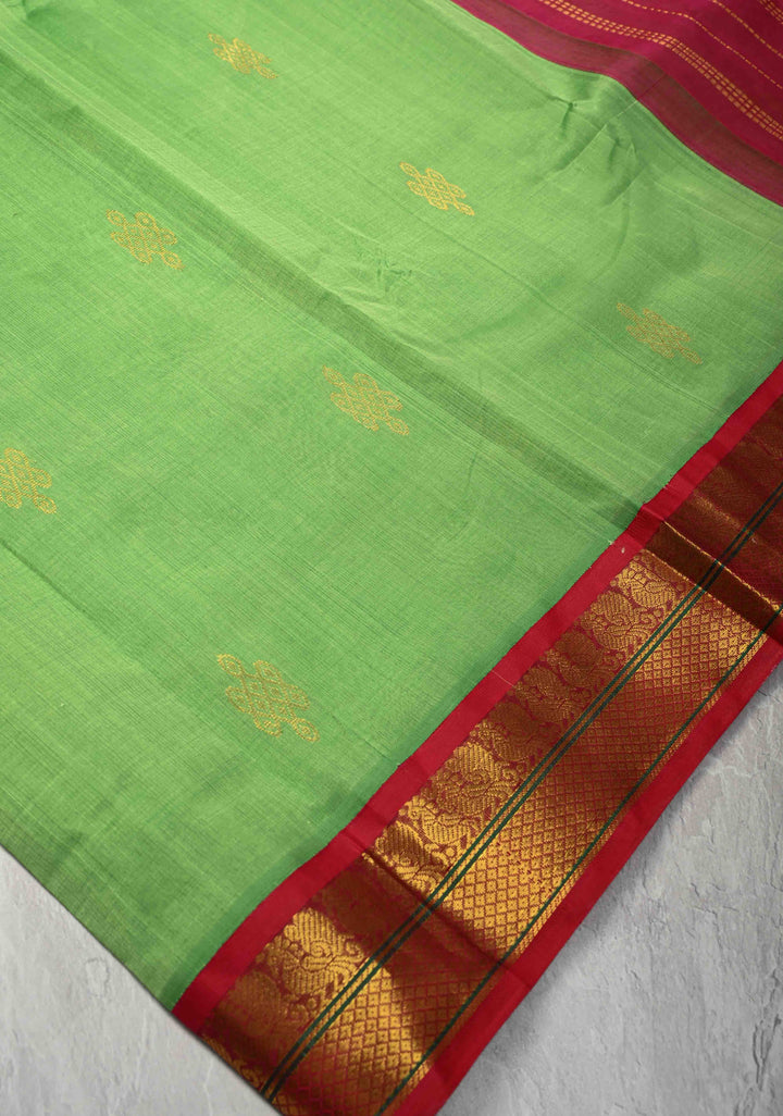 Spring Green Koravi Kanchi Silk Cotton 100% Handloom Saree with Rangoli Buttas and Contrast Zari Border