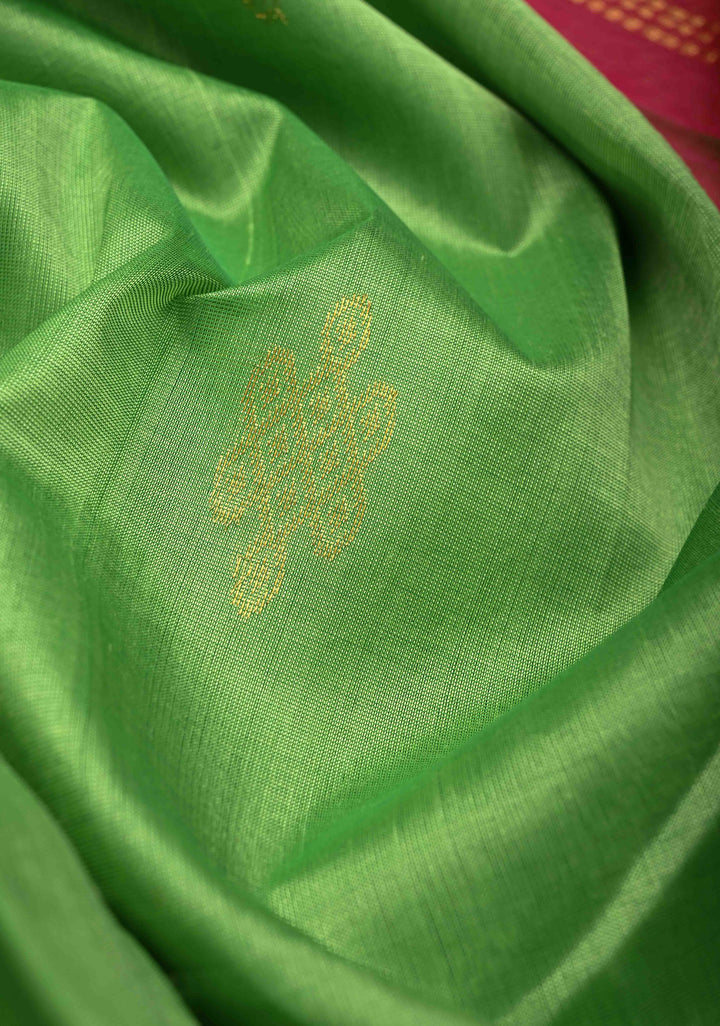 Spring Green Koravi Kanchi Silk Cotton 100% Handloom Saree with Rangoli Buttas and Contrast Zari Border