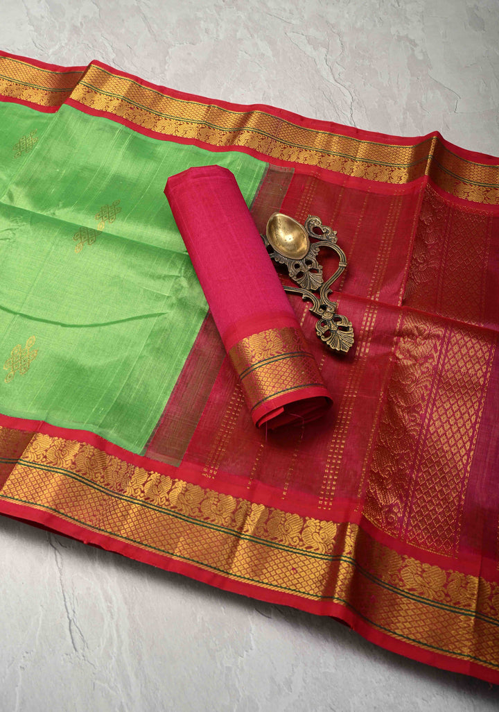 Spring Green Koravi Kanchi Silk Cotton 100% Handloom Saree with Rangoli Buttas and Contrast Zari Border