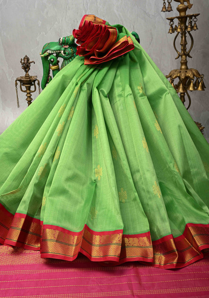 Spring Green Koravi Kanchi Silk Cotton 100% Handloom Saree with Rangoli Buttas and Contrast Zari Border