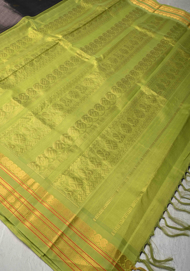 Slate Gray Kanchi Silk Cotton Saree with Zari Butta and Contrast Korvai Border