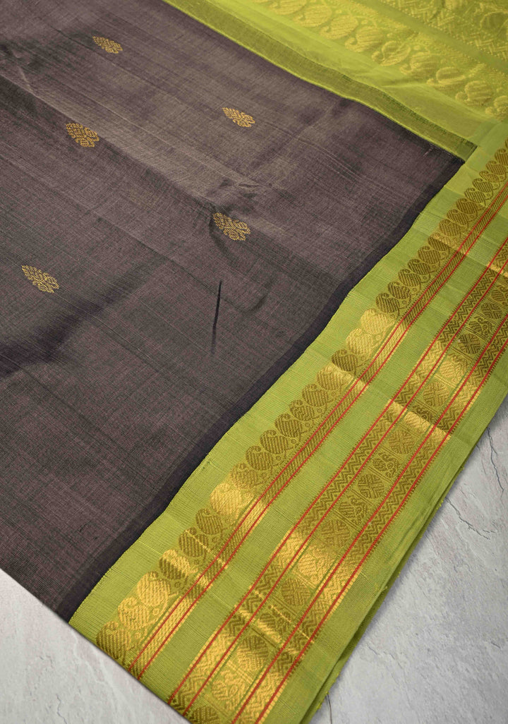 Slate Gray Kanchi Silk Cotton Saree with Zari Butta and Contrast Korvai Border