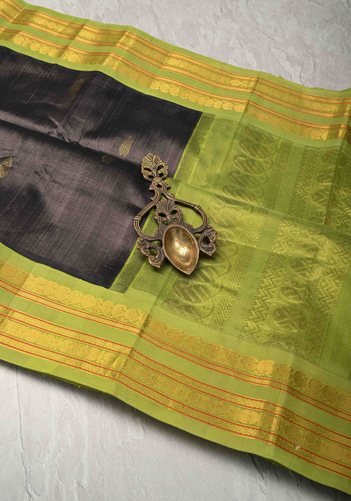 Slate Gray Kanchi Silk Cotton Saree with Zari Butta and Contrast Korvai Border