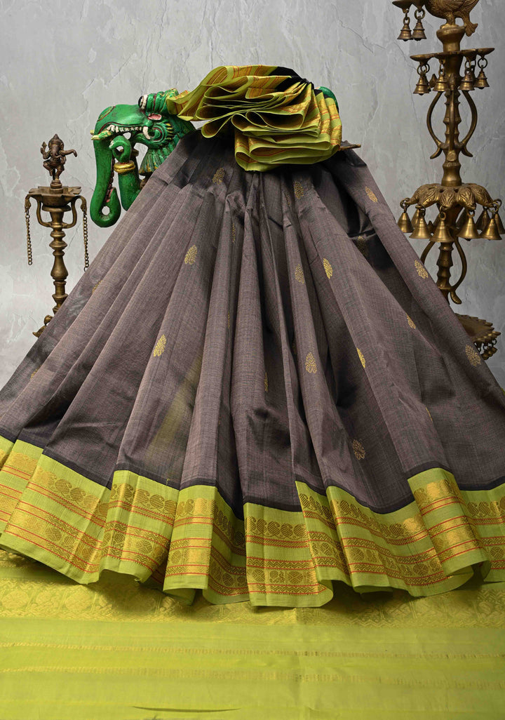 Slate Gray Kanchi Silk Cotton Saree with Zari Butta and Contrast Korvai Border