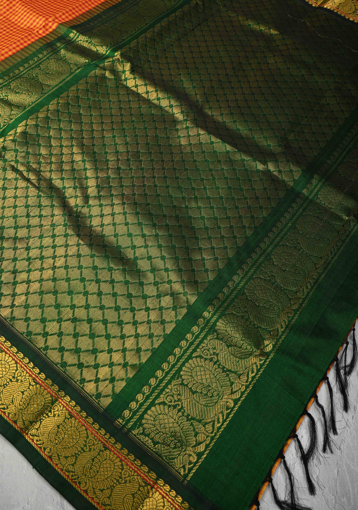 Pre-Order Orange-Yellow Gingham Checks Koravi Kanchi Silk Cotton 100% Handloom Saree with Contrast Zari Border