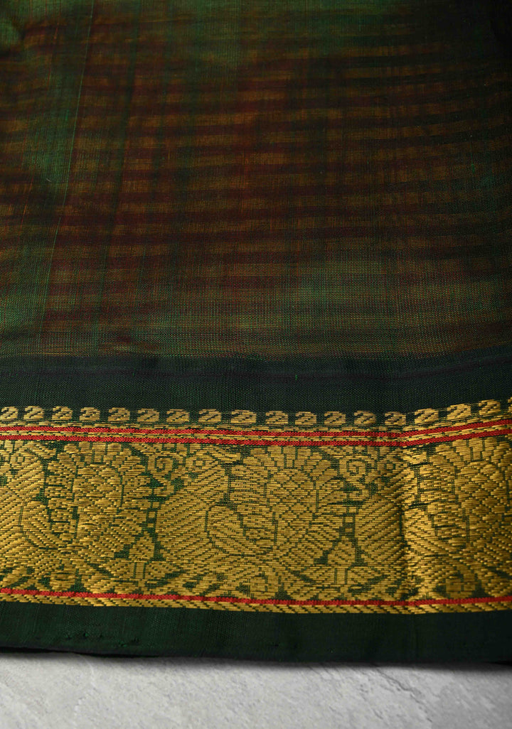 Pre-Order Orange-Yellow Gingham Checks Koravi Kanchi Silk Cotton 100% Handloom Saree with Contrast Zari Border