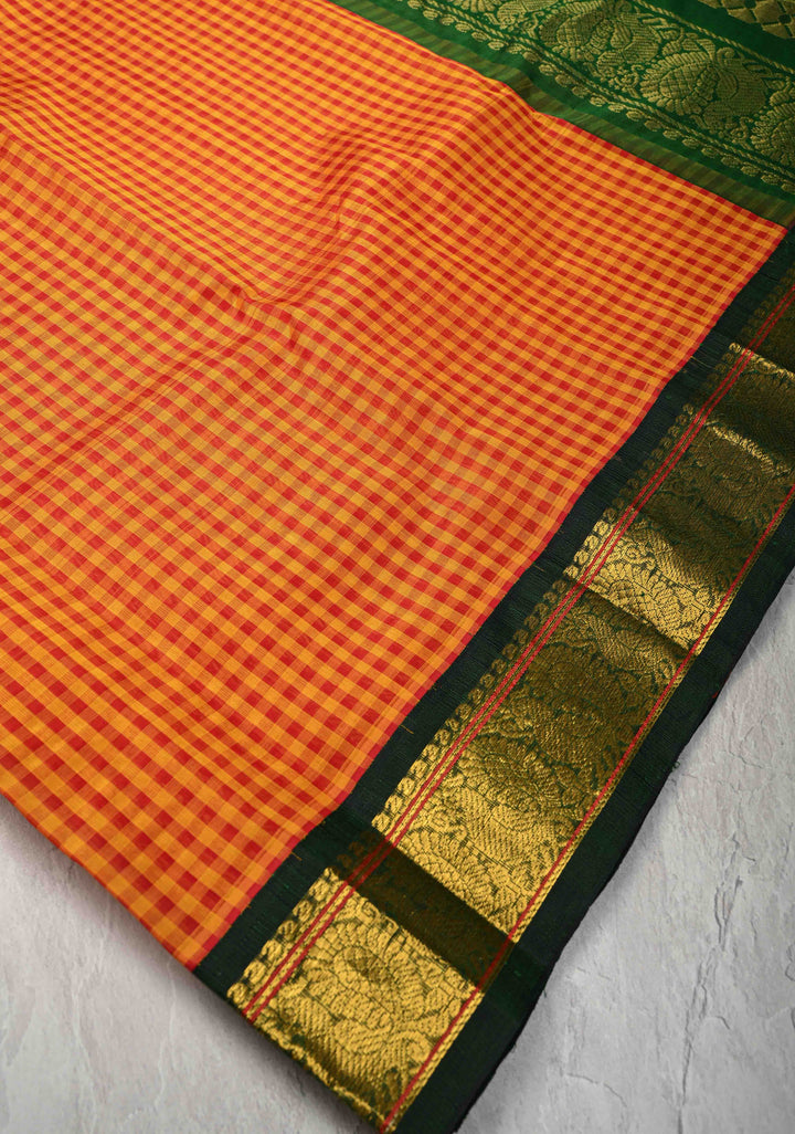 Pre-Order Orange-Yellow Gingham Checks Koravi Kanchi Silk Cotton 100% Handloom Saree with Contrast Zari Border