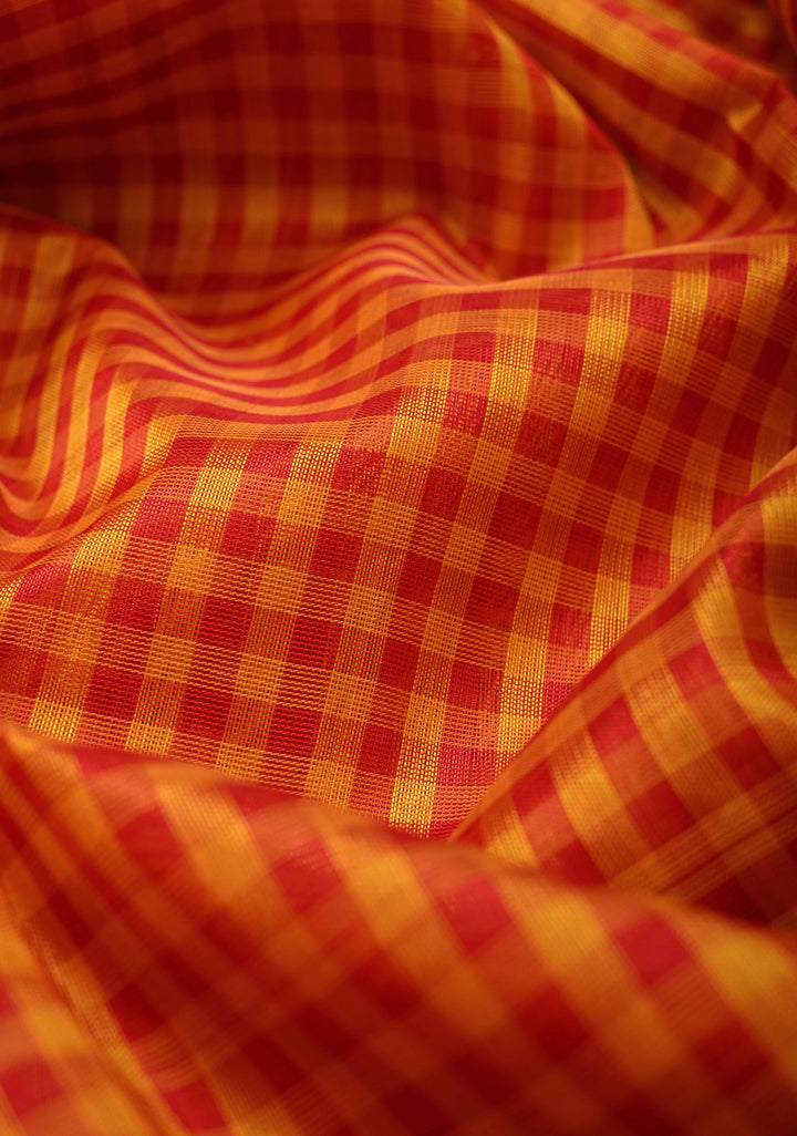 Pre-Order Orange-Yellow Gingham Checks Koravi Kanchi Silk Cotton 100% Handloom Saree with Contrast Zari Border