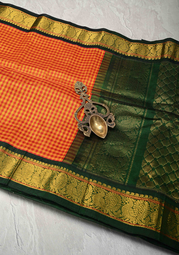 Pre-Order Orange-Yellow Gingham Checks Koravi Kanchi Silk Cotton 100% Handloom Saree with Contrast Zari Border