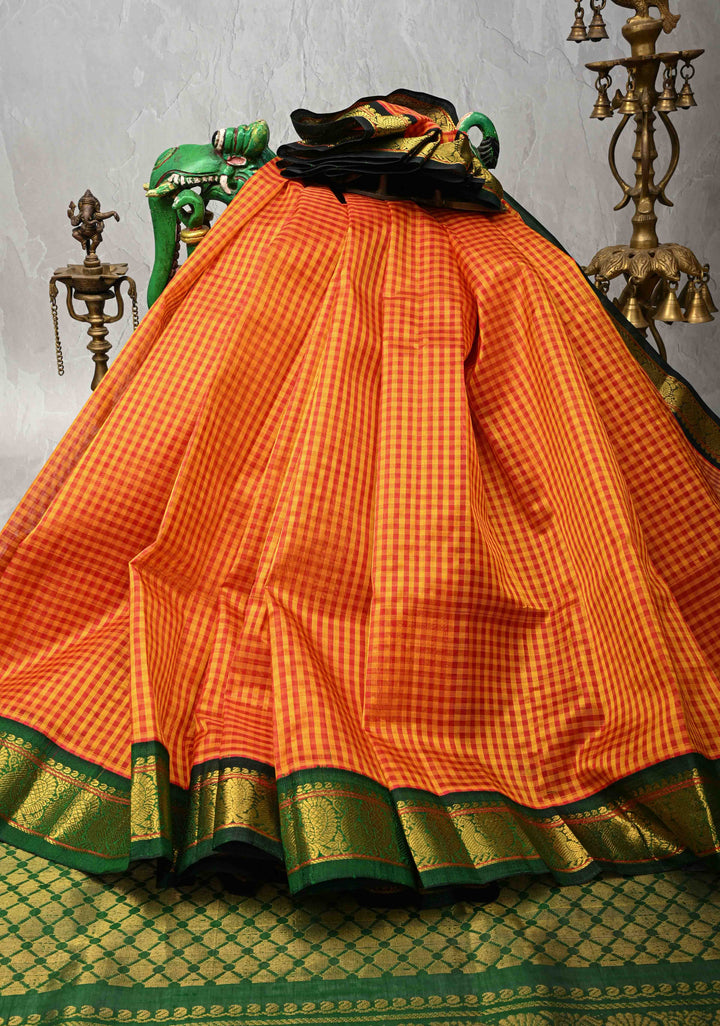 Pre-Order Orange-Yellow Gingham Checks Koravi Kanchi Silk Cotton 100% Handloom Saree with Contrast Zari Border