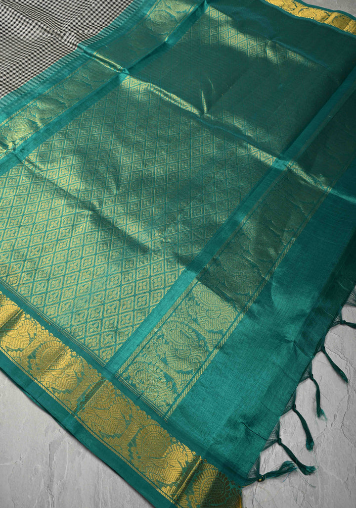 Black-White Gingham Checks Koravi Kanchi Silk Cotton 100% Handloom Saree with Rama Green Border