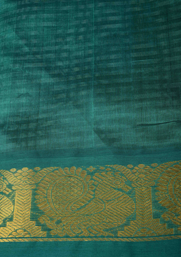 Black-White Gingham Checks Koravi Kanchi Silk Cotton 100% Handloom Saree with Rama Green Border