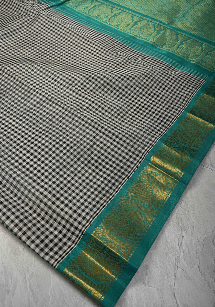 Black-White Gingham Checks Koravi Kanchi Silk Cotton 100% Handloom Saree with Rama Green Border