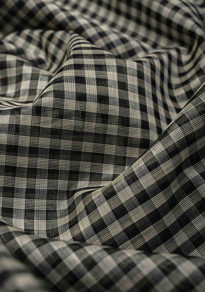 Black-White Gingham Checks Koravi Kanchi Silk Cotton 100% Handloom Saree with Rama Green Border
