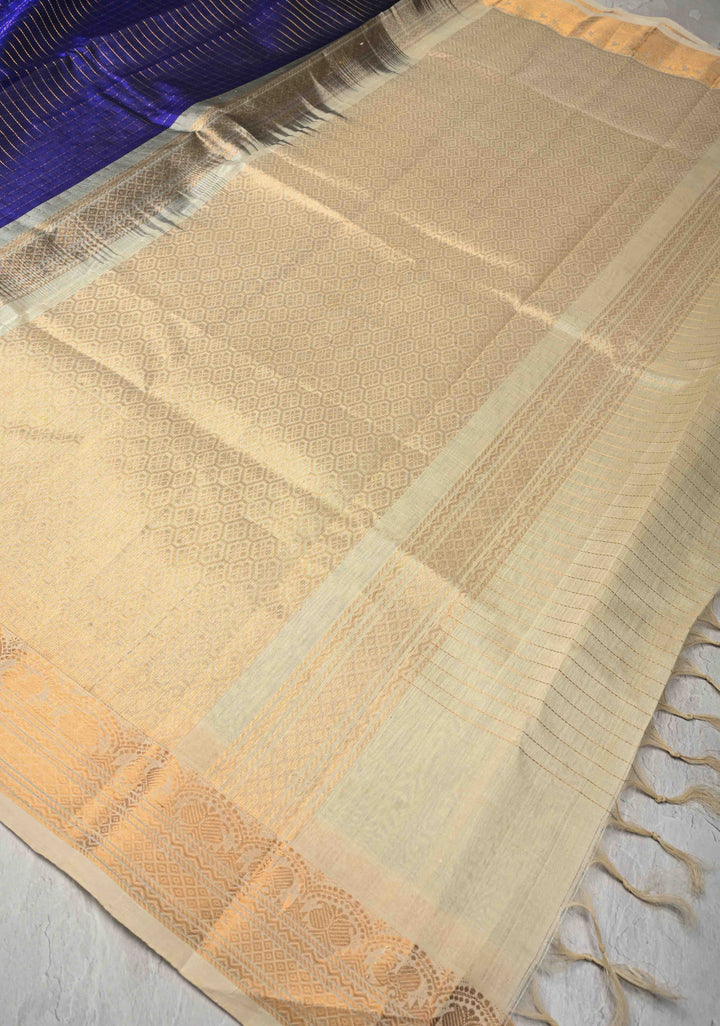 Sapphire Blue Kanchi Silk Cotton Saree with Zari Checks and Peacock Buttas on Zari Border
