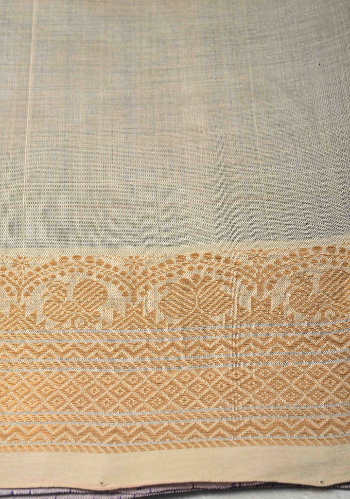 Sapphire Blue Kanchi Silk Cotton Saree with Zari Checks and Peacock Buttas on Zari Border