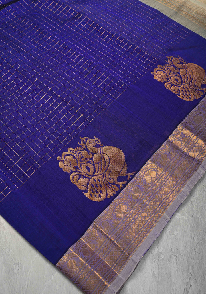 Sapphire Blue Kanchi Silk Cotton Saree with Zari Checks and Peacock Buttas on Zari Border