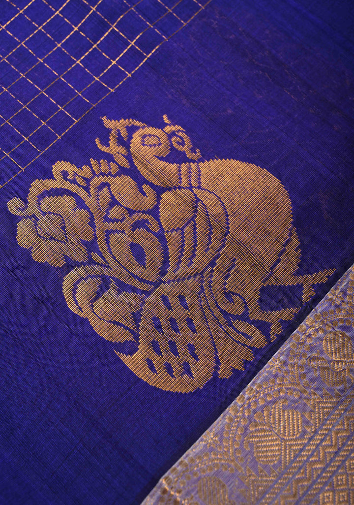 Sapphire Blue Kanchi Silk Cotton Saree with Zari Checks and Peacock Buttas on Zari Border