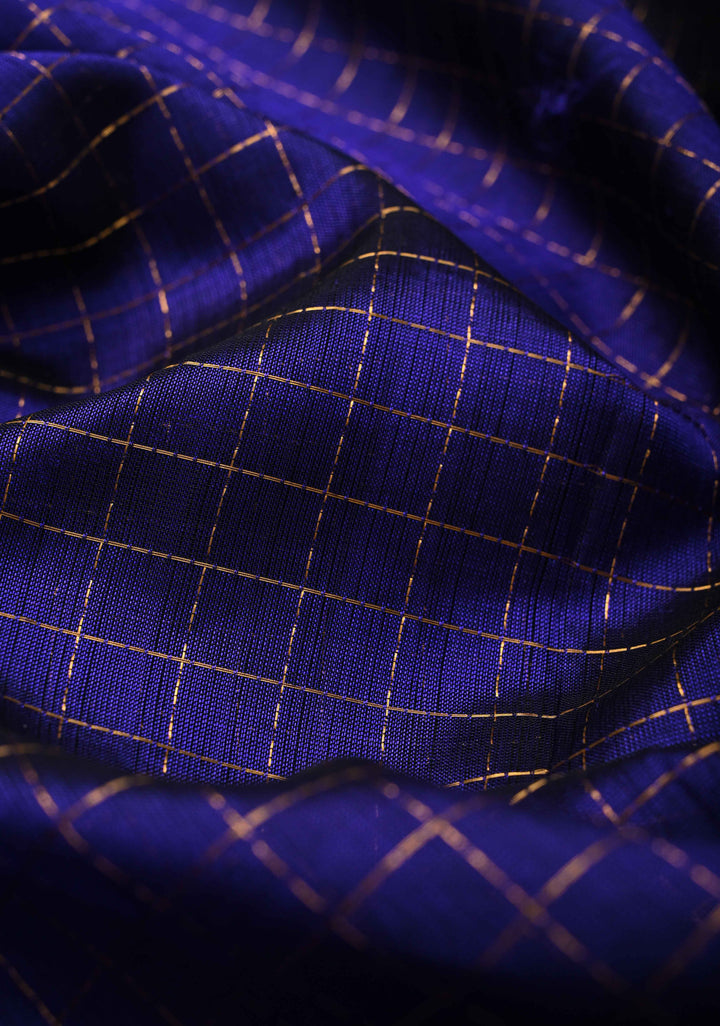 Sapphire Blue Kanchi Silk Cotton Saree with Zari Checks and Peacock Buttas on Zari Border