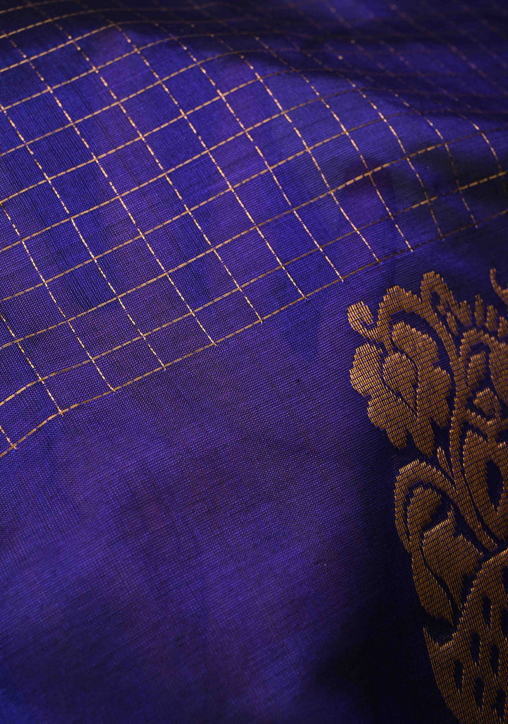 Sapphire Blue Kanchi Silk Cotton Saree with Zari Checks and Peacock Buttas on Zari Border