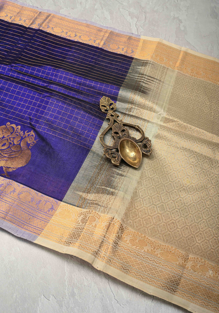 Sapphire Blue Kanchi Silk Cotton Saree with Zari Checks and Peacock Buttas on Zari Border