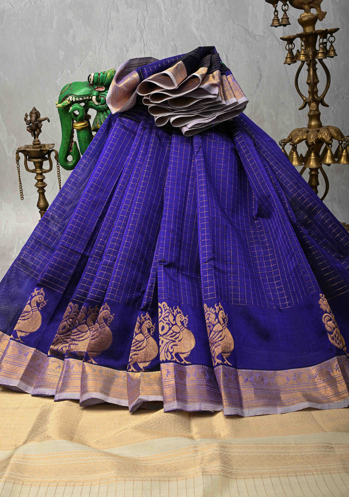 Sapphire Blue Kanchi Silk Cotton Saree with Zari Checks and Peacock Buttas on Zari Border
