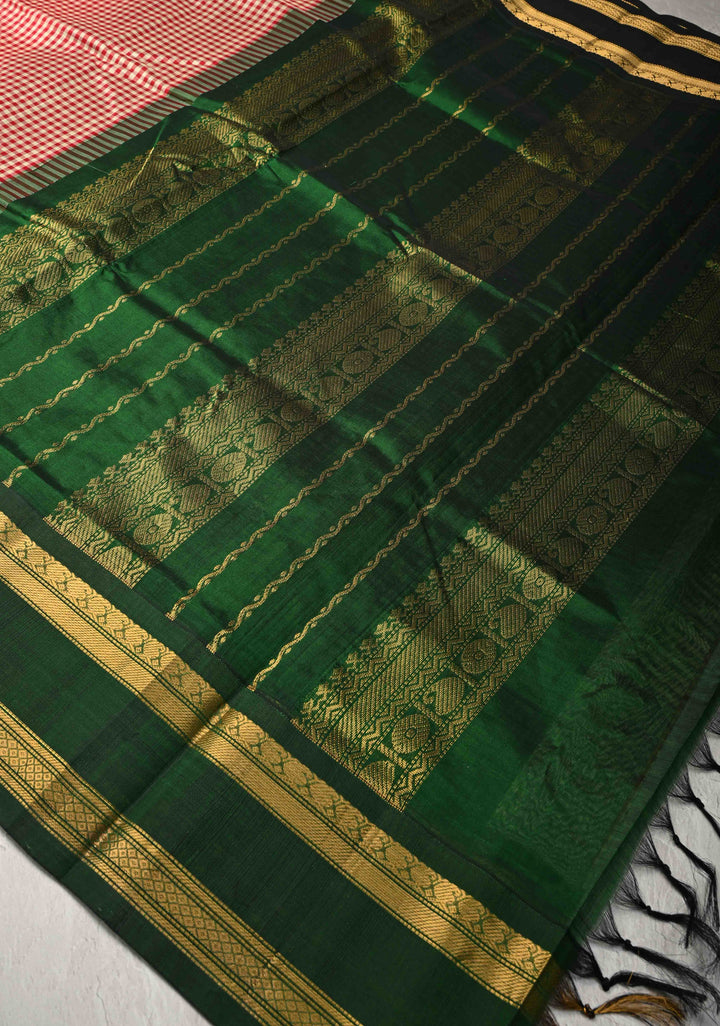 Off White Red Charming Vintage Checks on Kanchi Silk Cotton Saree with Contrast Zari border