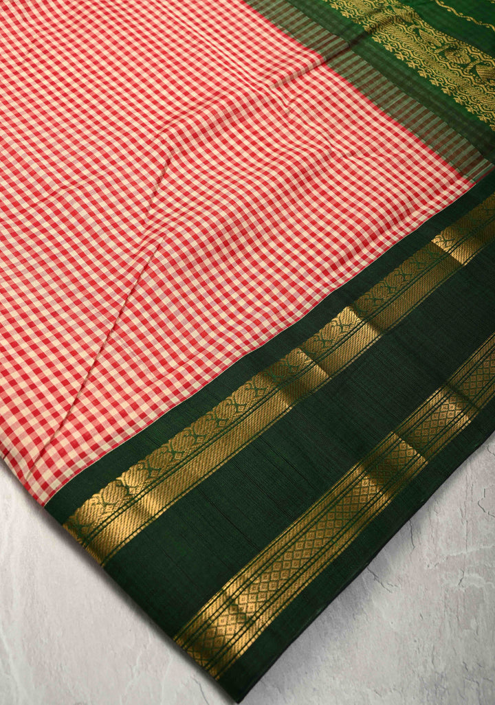 Off White Red Charming Vintage Checks on Kanchi Silk Cotton Saree with Contrast Zari border