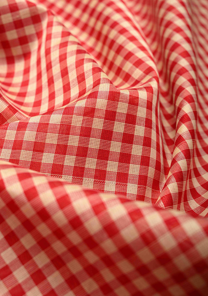 Off White Red Charming Vintage Checks on Kanchi Silk Cotton Saree with Contrast Zari border