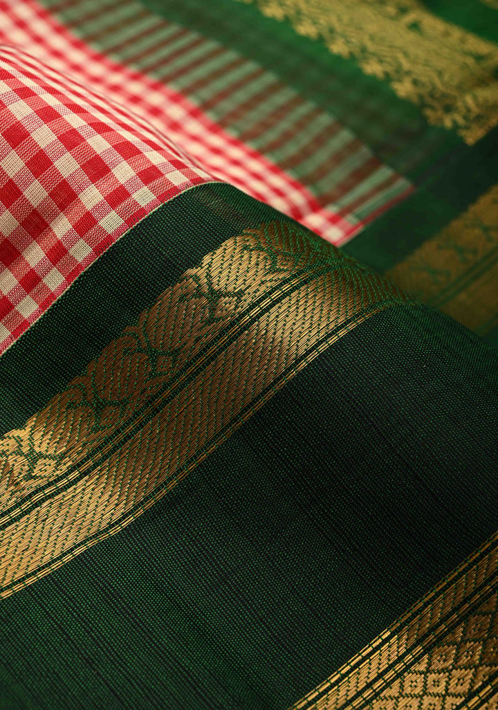 Off White Red Charming Vintage Checks on Kanchi Silk Cotton Saree with Contrast Zari border
