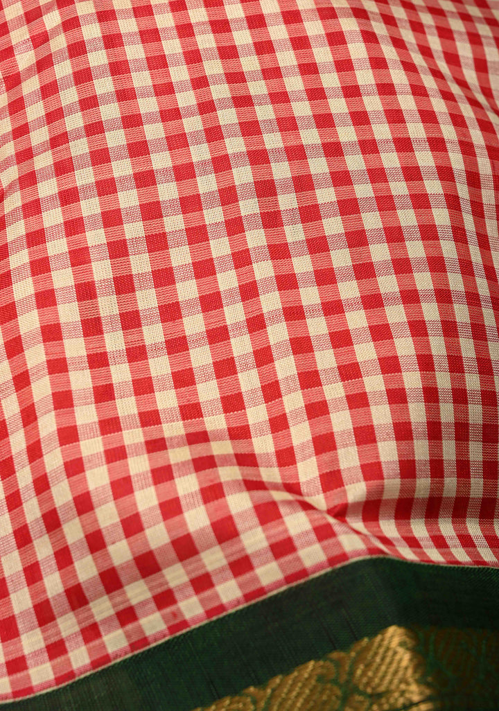 Off White Red Charming Vintage Checks on Kanchi Silk Cotton Saree with Contrast Zari border
