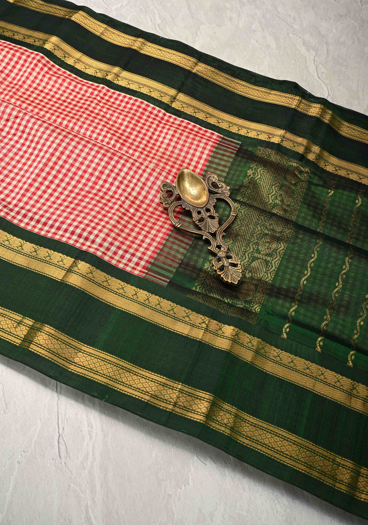 Off White Red Charming Vintage Checks on Kanchi Silk Cotton Saree with Contrast Zari border