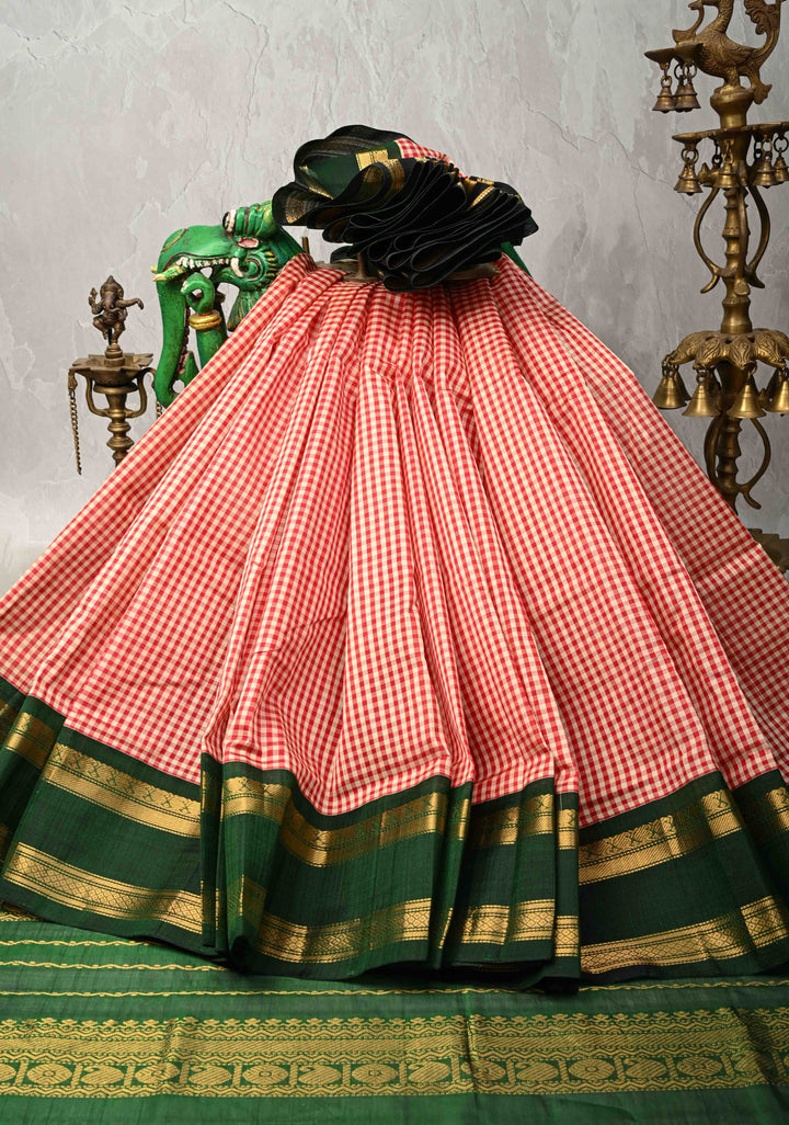 Off White Red Charming Vintage Checks on Kanchi Silk Cotton Saree with Contrast Zari border