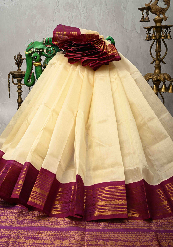 Beige Koravi Kanchi Silk Cotton Handloom Saree with Contrast Zari Border
