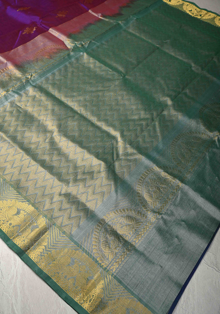 Purple Dual Tone  Koravi Kanchi Silk Cotton Handloom Saree with Contrast Zari Border