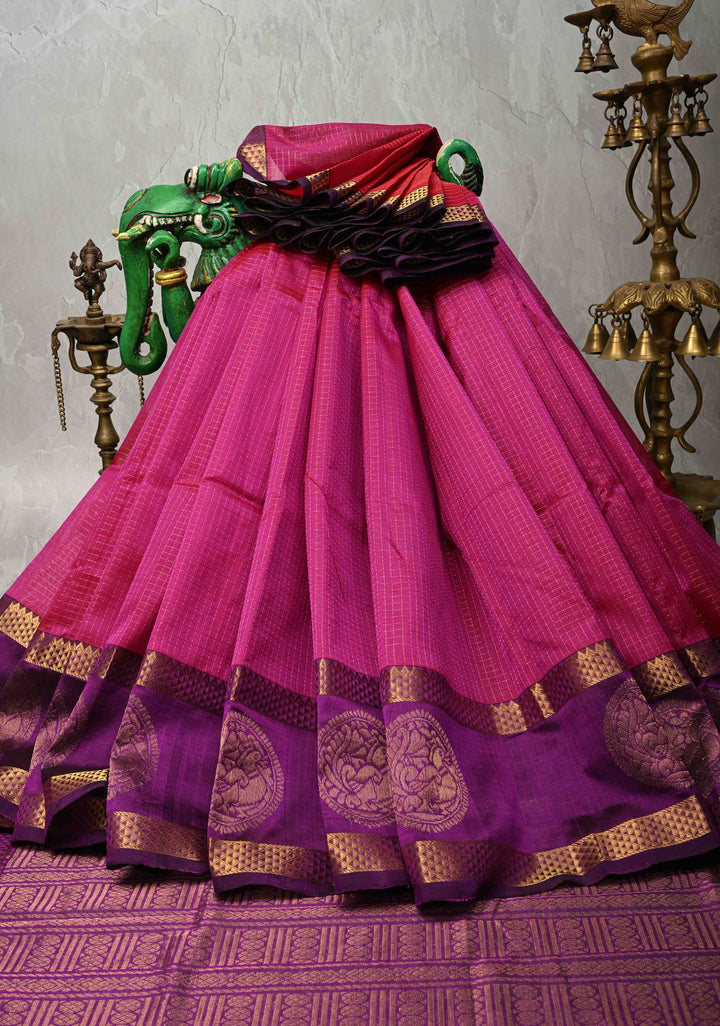 Raspberry Kanchi Silk Cotton Saree with Podi Kattam Zari Checks and Contrast Zari Butta Border