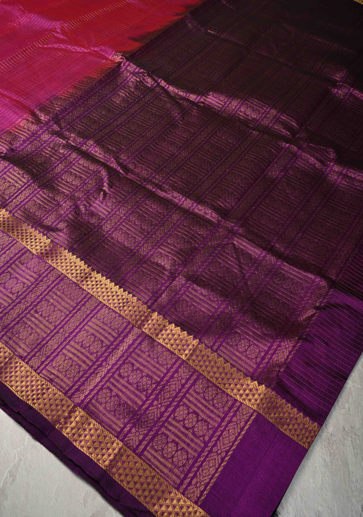 Raspberry Kanchi Silk Cotton Saree with Podi Kattam Zari Checks and Contrast Zari Butta Border