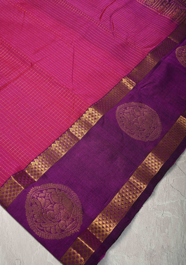 Raspberry Kanchi Silk Cotton Saree with Podi Kattam Zari Checks and Contrast Zari Butta Border