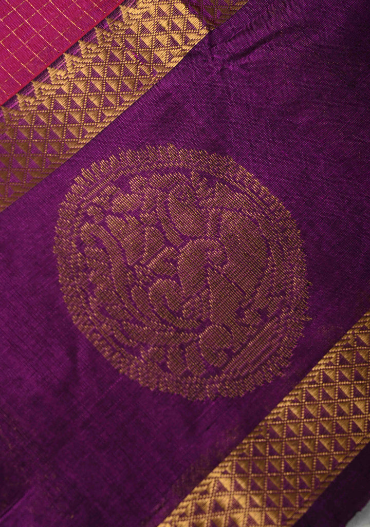 Raspberry Kanchi Silk Cotton Saree with Podi Kattam Zari Checks and Contrast Zari Butta Border