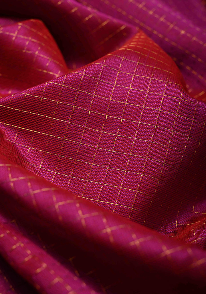 Raspberry Kanchi Silk Cotton Saree with Podi Kattam Zari Checks and Contrast Zari Butta Border
