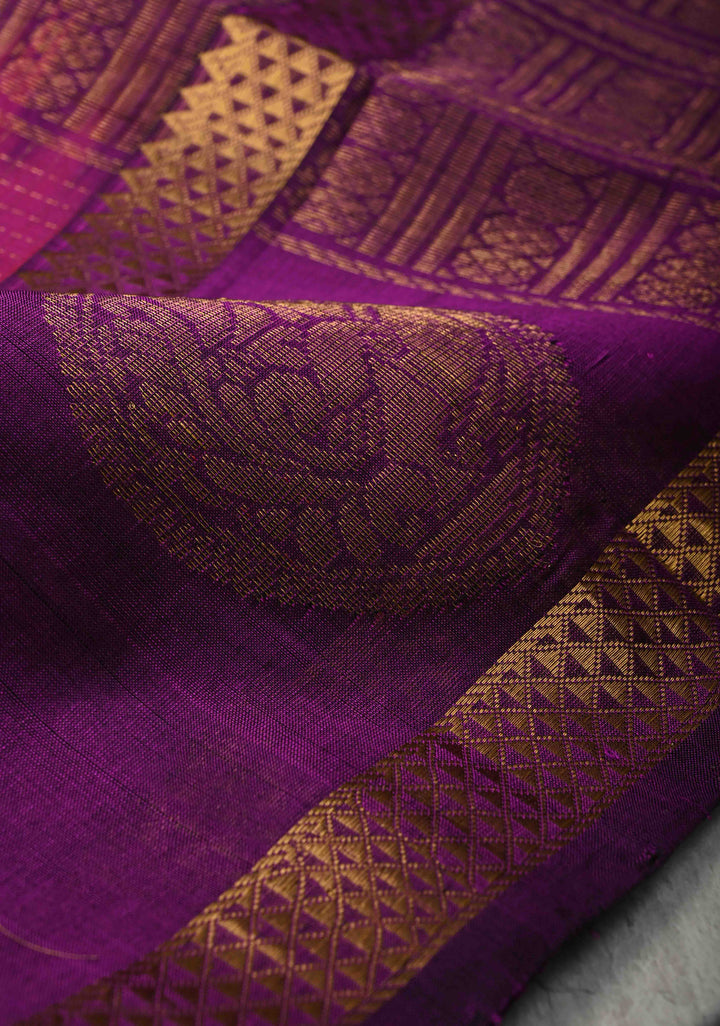 Raspberry Kanchi Silk Cotton Saree with Podi Kattam Zari Checks and Contrast Zari Butta Border