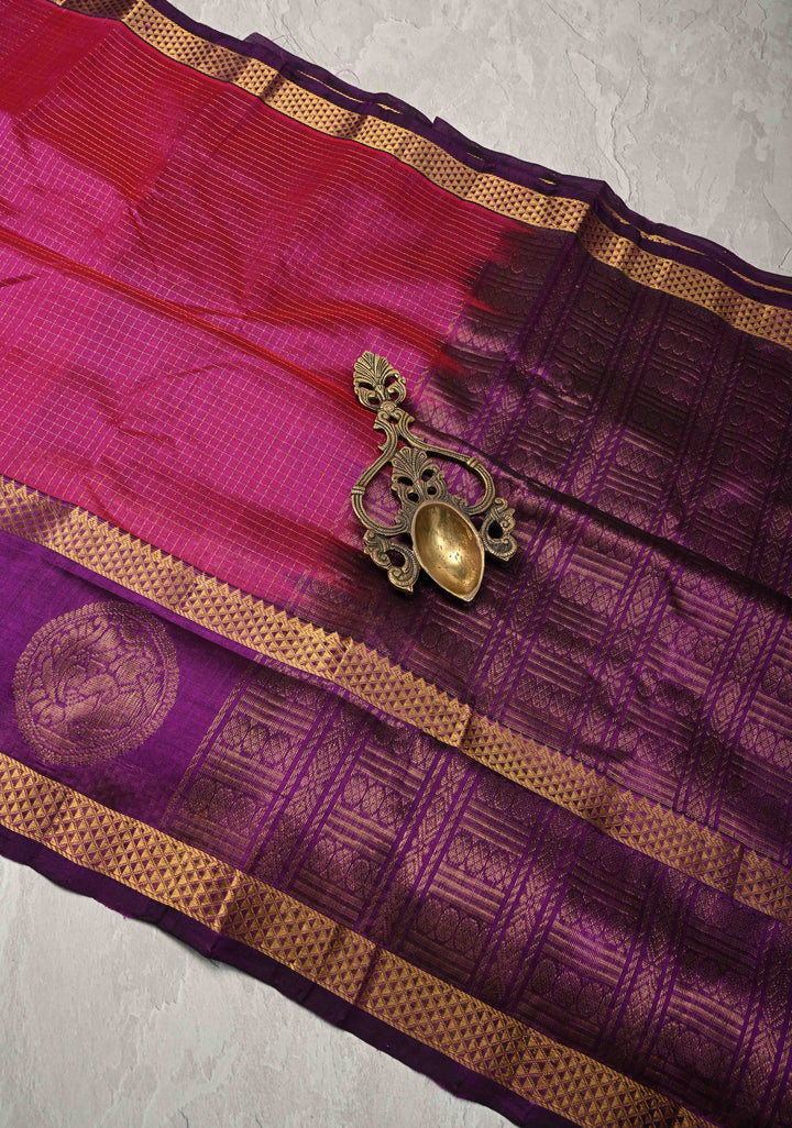 Raspberry Kanchi Silk Cotton Saree with Podi Kattam Zari Checks and Contrast Zari Butta Border