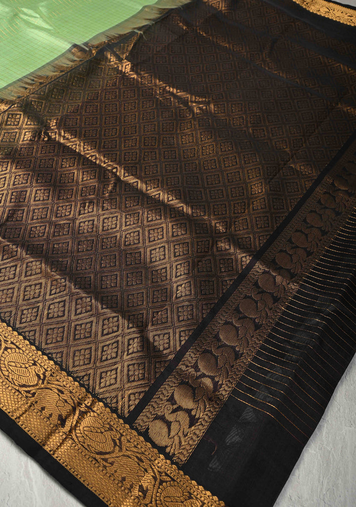 Pista Green Zari Checks on Kanchi Silk Cotton Saree with Paisely Motif on Contrast Zari Border