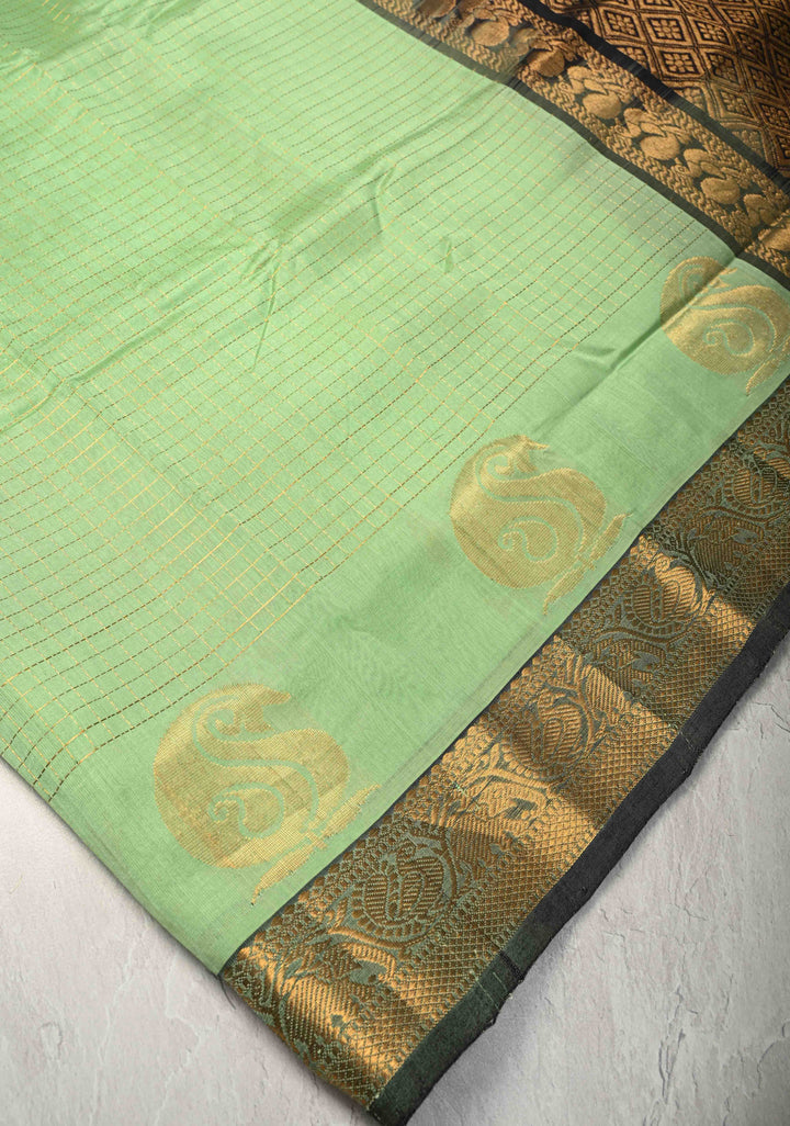 Pista Green Zari Checks on Kanchi Silk Cotton Saree with Paisely Motif on Contrast Zari Border