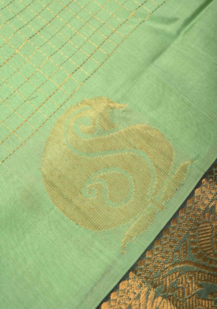 Pista Green Zari Checks on Kanchi Silk Cotton Saree with Paisely Motif on Contrast Zari Border